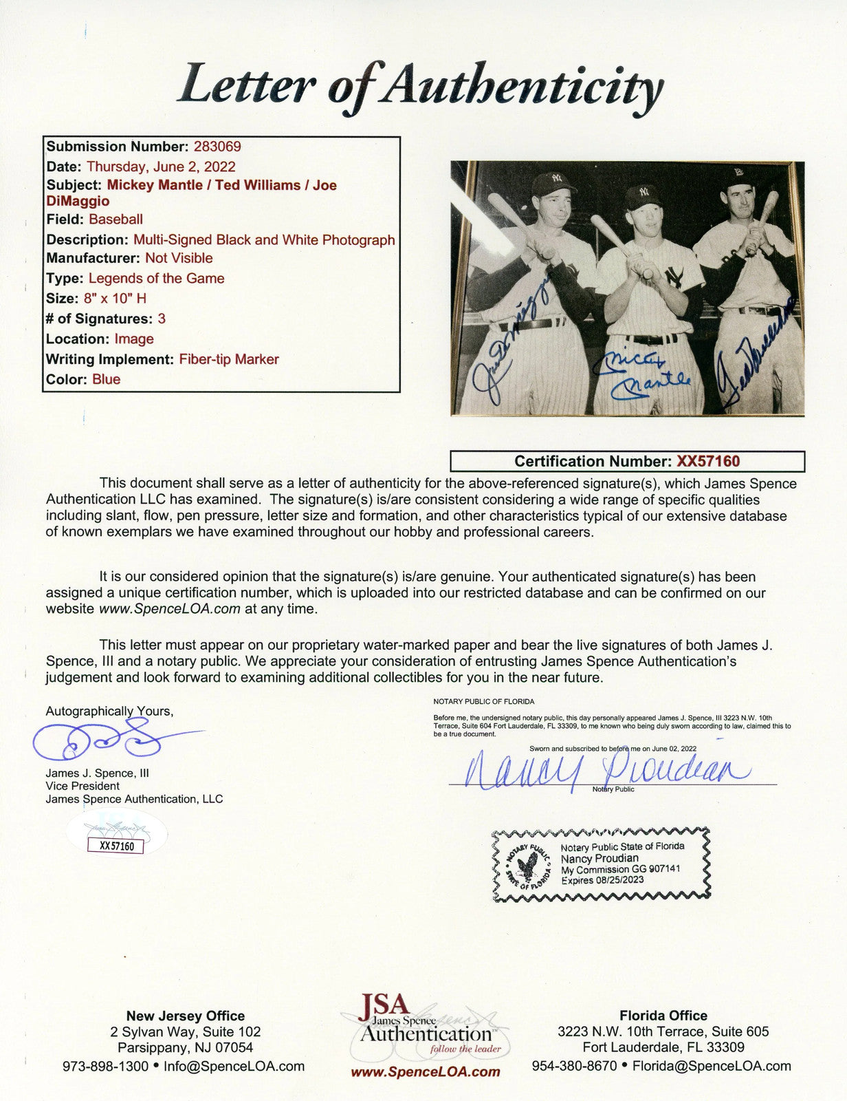 Joe Dimaggio, Mickey Mantle & Ted Williams Autographed Framed 8X10 Photo (Jsa)