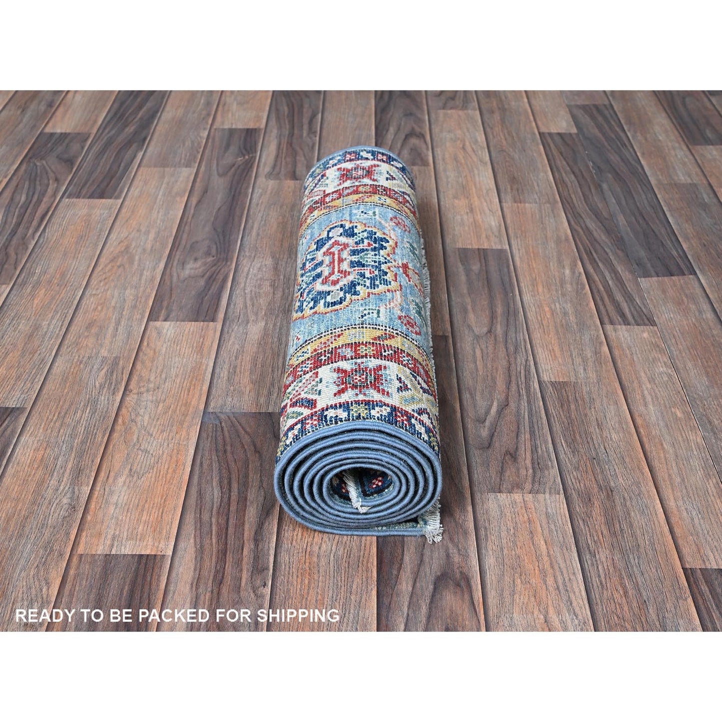 2'X6'6" Blue Kazak With Tribal Design Soft Wool Hand Knotted Runner Rug