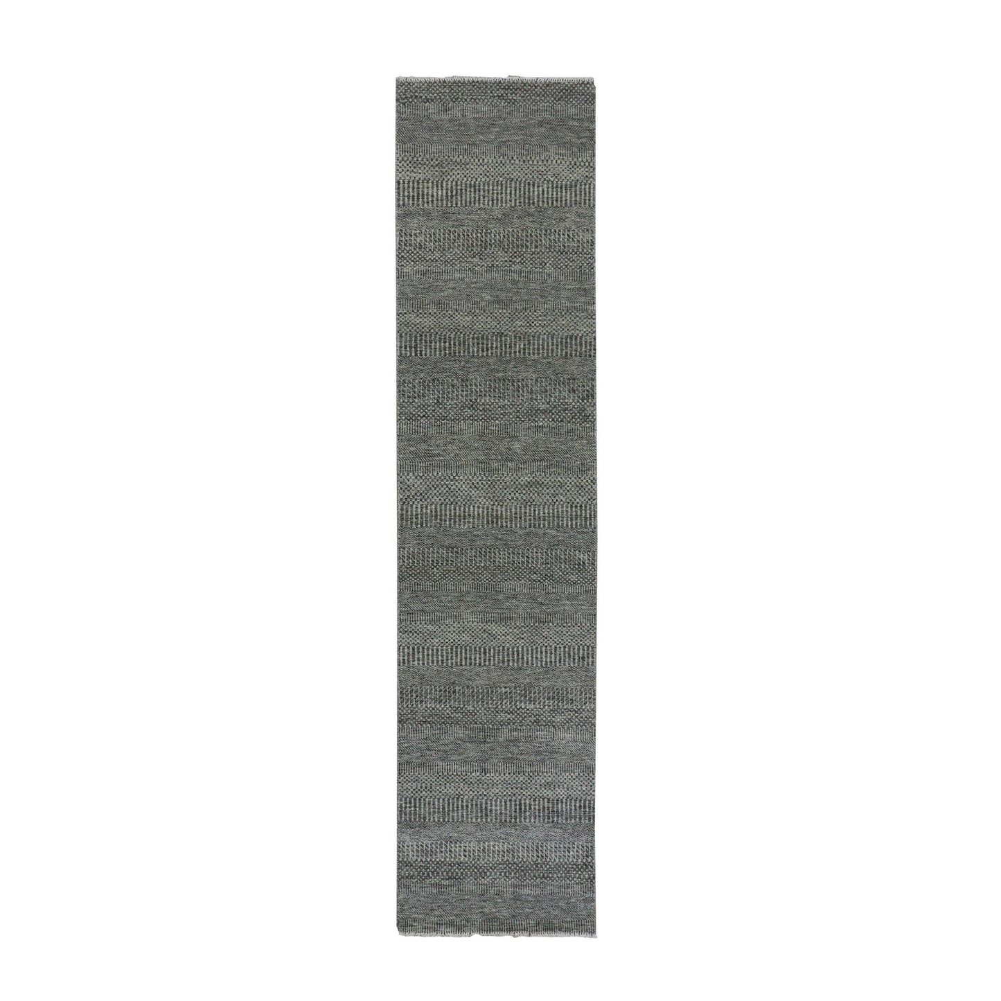 2'7"X11'8" Flint Gray Hand Knotted Grass Design Undyed Wool Runner Rug
