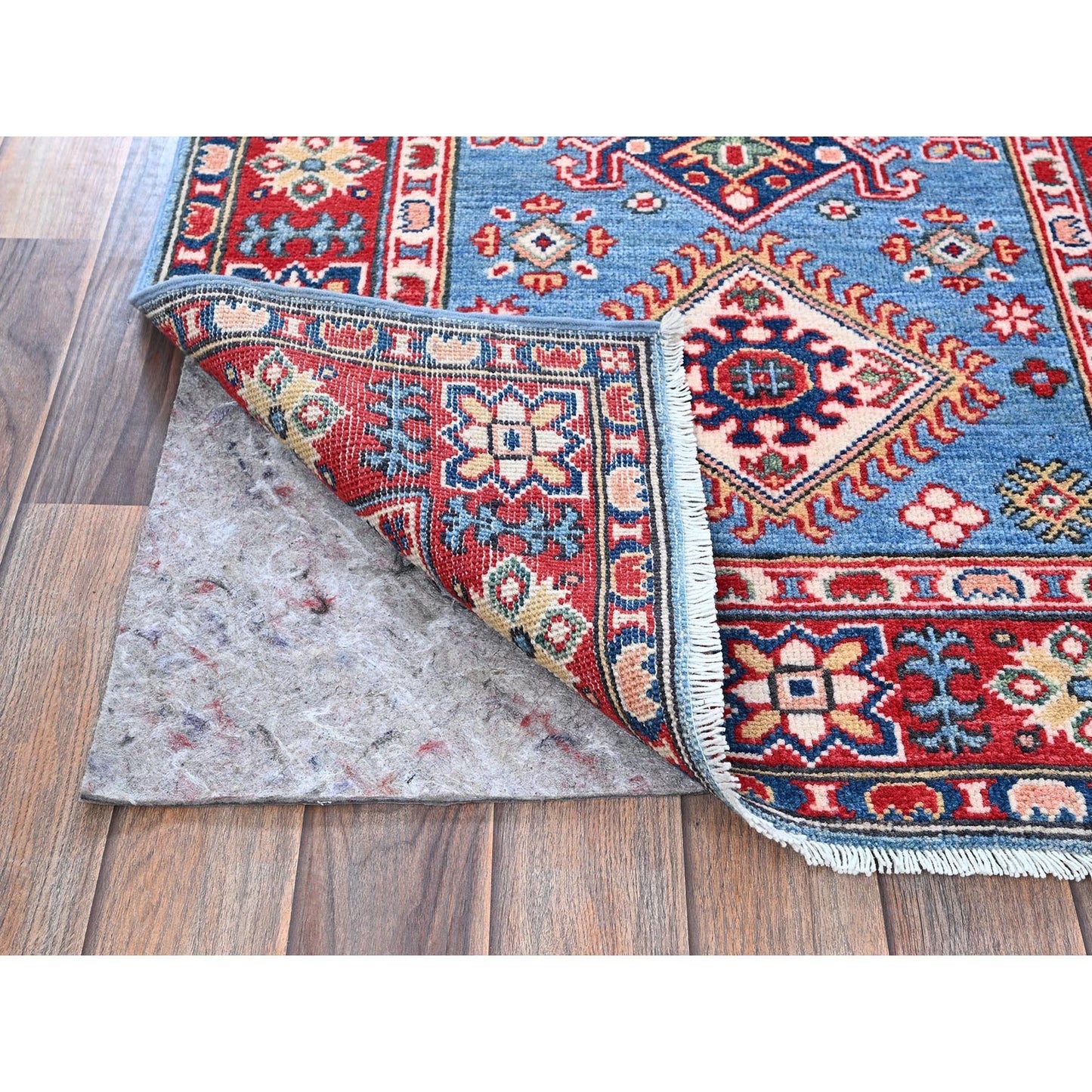 2'9"X9'6" Blue Kazak With Tribal Design Hand Knotted Soft Wool Runner Rug