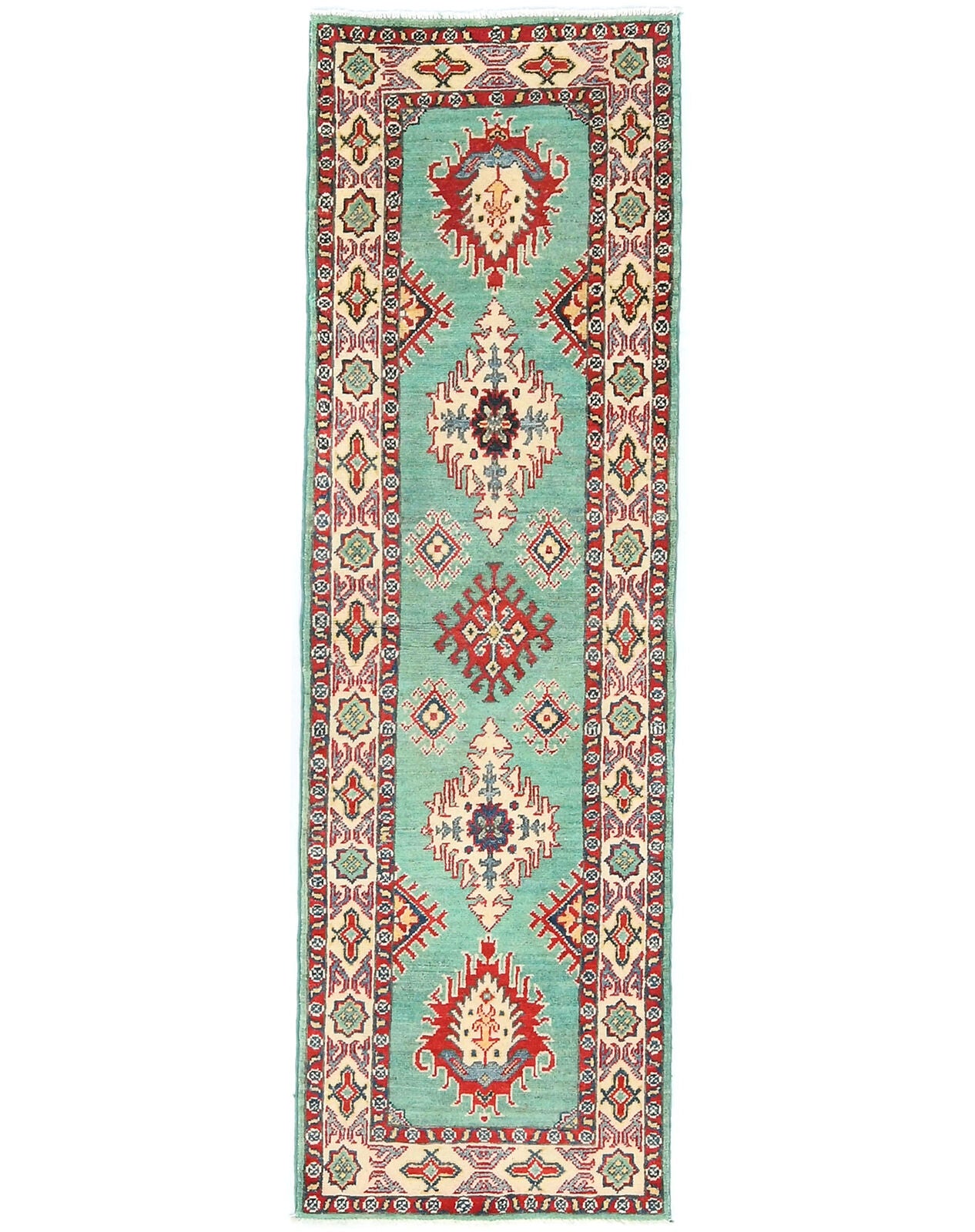 Hand-Knotted Kazak Tribal Runner Rug Geometric