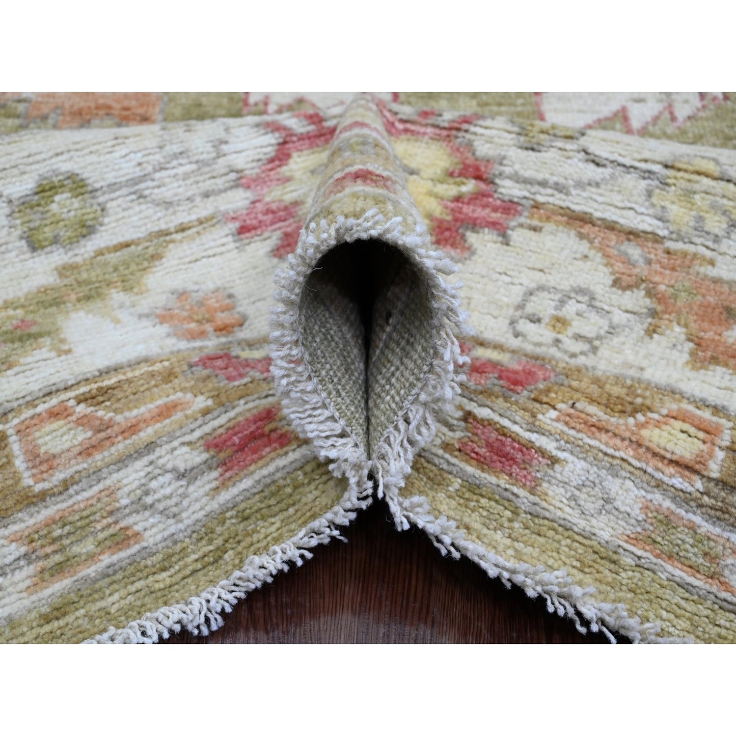 8'1"X9'7" Green Afghan Angora Oushak Leaf Design Wool Hand Knotted Rug