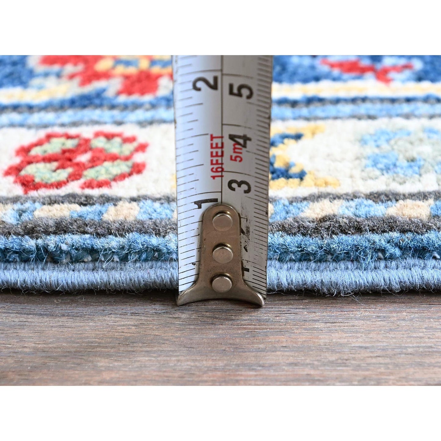 2'7"X6'7" Blue Kazak With Tribal Design Soft Wool Hand Knotted Runner Rug