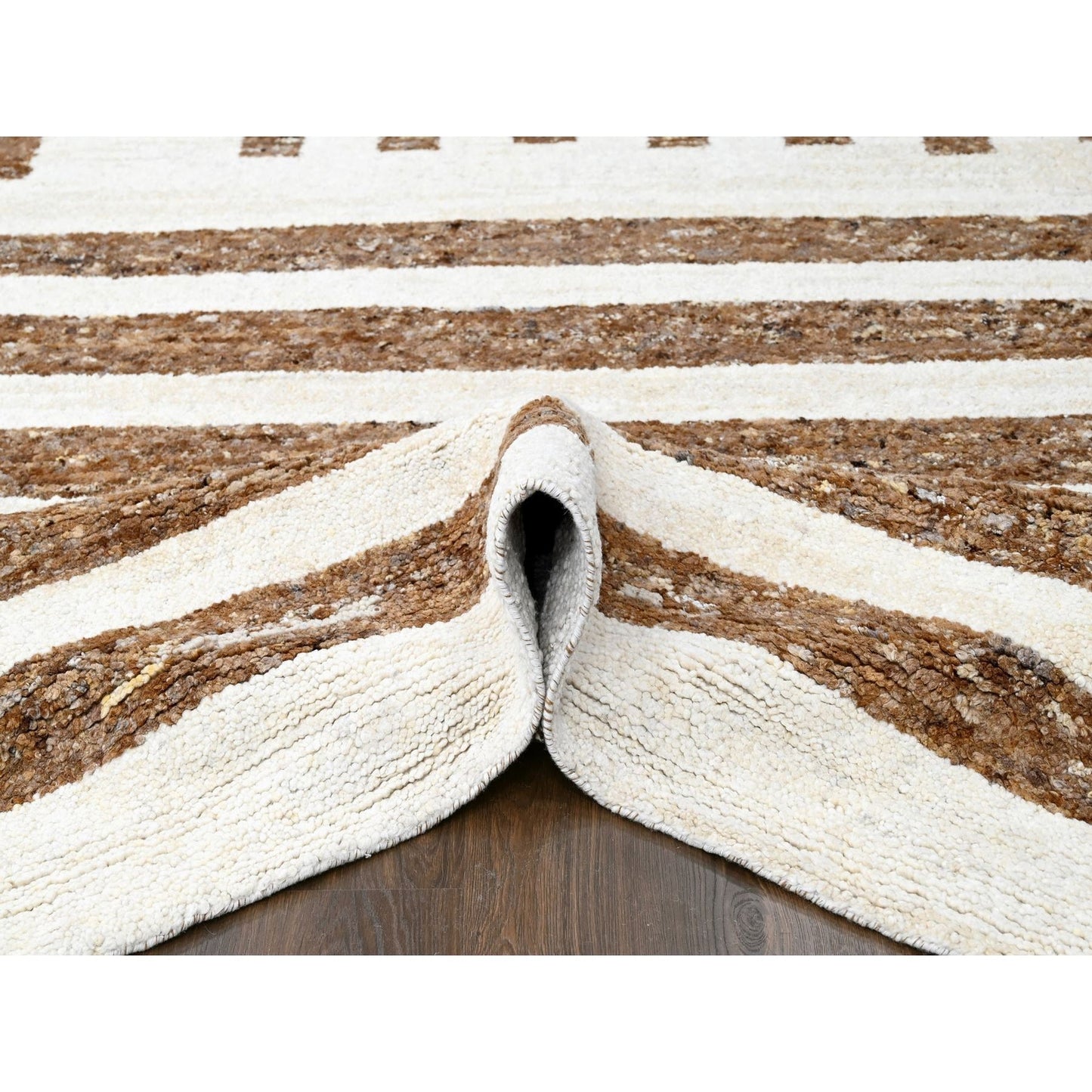 12'2"X14'10" Brown Wool Minimalist Stripe Hand Knotted Oversized Rug