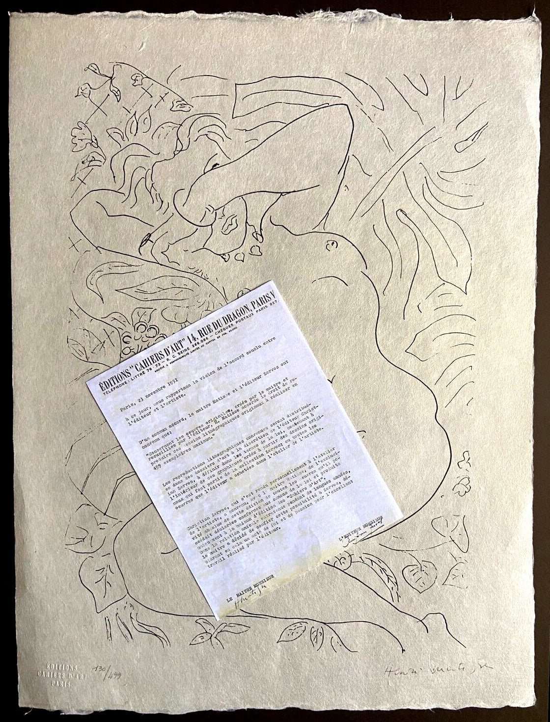 Henri Matisse Lithograph 1960 Coa Contract Signed