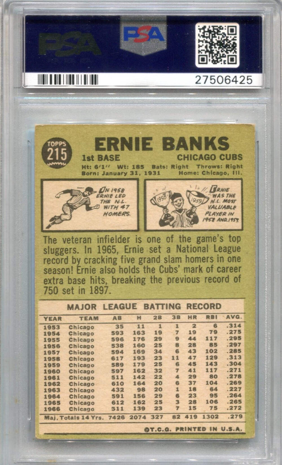 Ernie Banks 1967 Topps #215 Psa Ex 5 Card