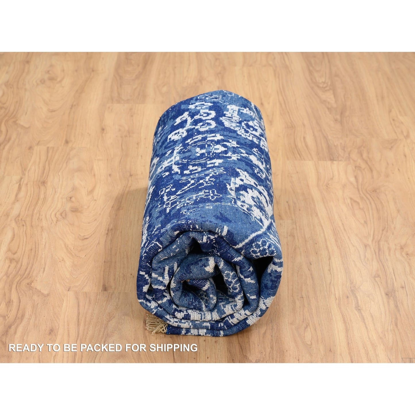 8'2"X8'2" Denim Blue Wool And Silk Hand Knotted Tebraz Round Rug