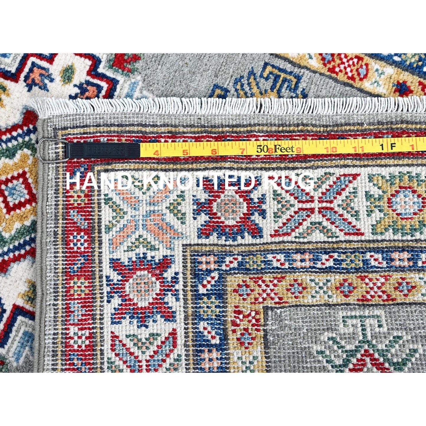 2'7"X9'3" Green Kazak With Geometric Design Wool Hand Knotted Runner Rug