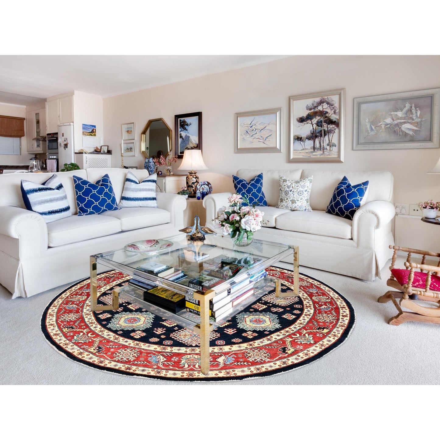 9'X9' Blue Special Kazak Geometric Wool Hand Knotted Round Oriental Rug