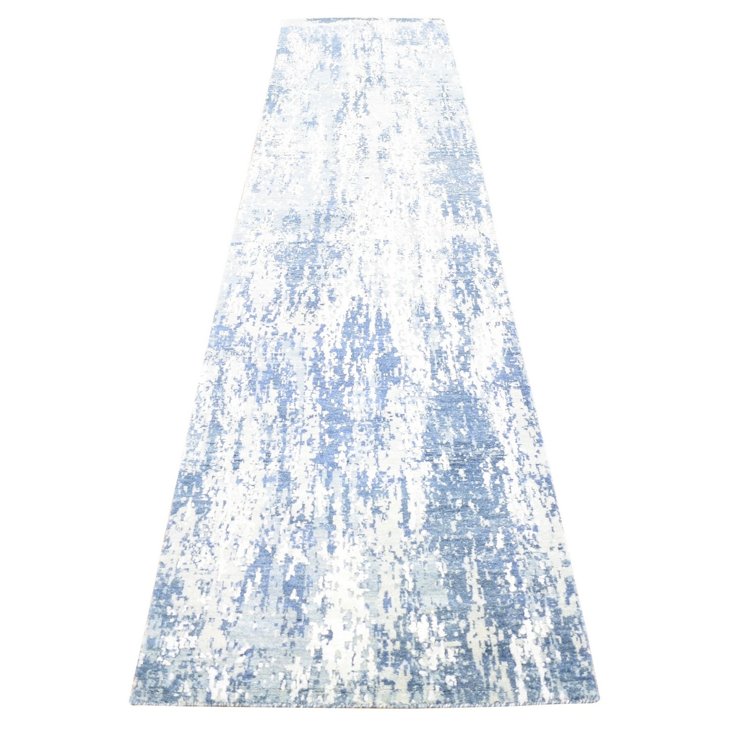 2'7"X12'2" Hand Knotted Abstract Design Wool And Real Silk Runner Rug