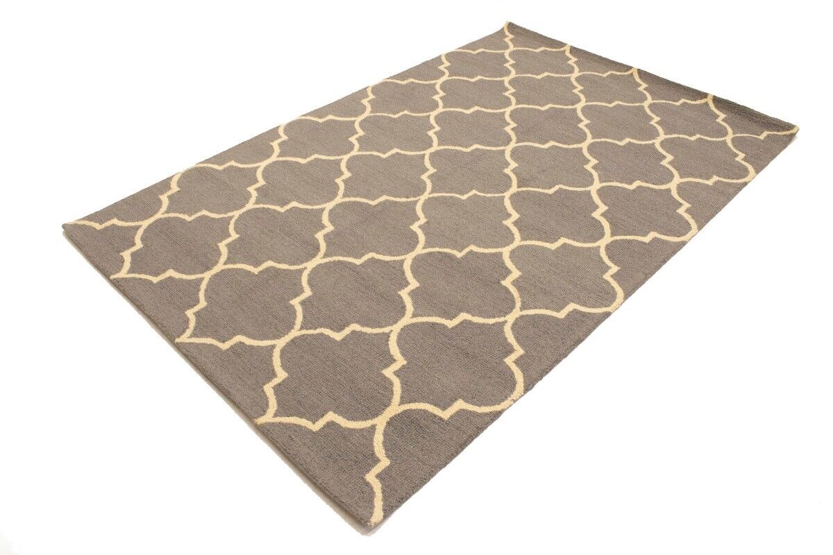 5X8 Ft Hand-Tufted Taupe Trellis Rug Wool Plush