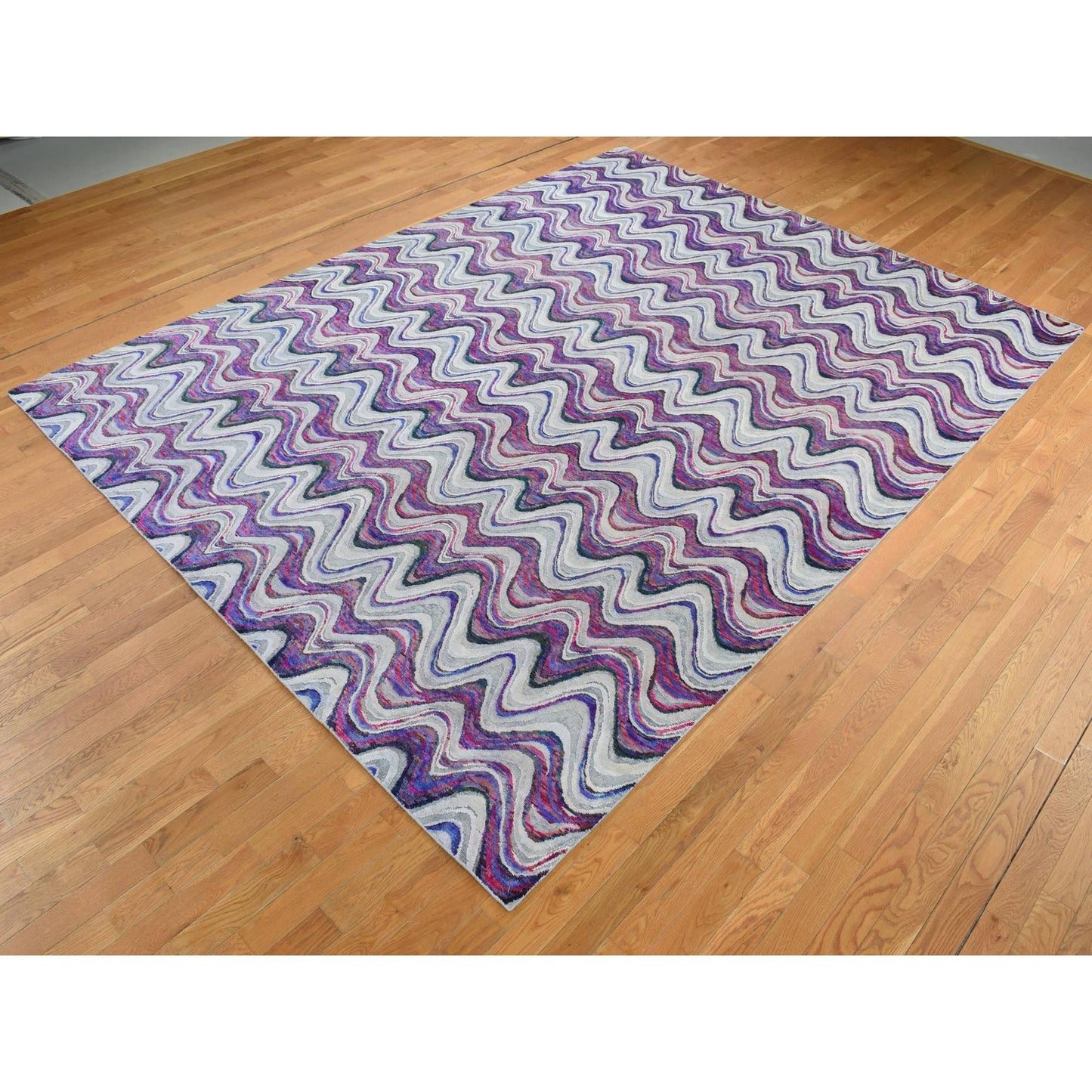 9'X11'10" Ivory The Colorful Waves Silk With Wool Hand Knotted Rug
