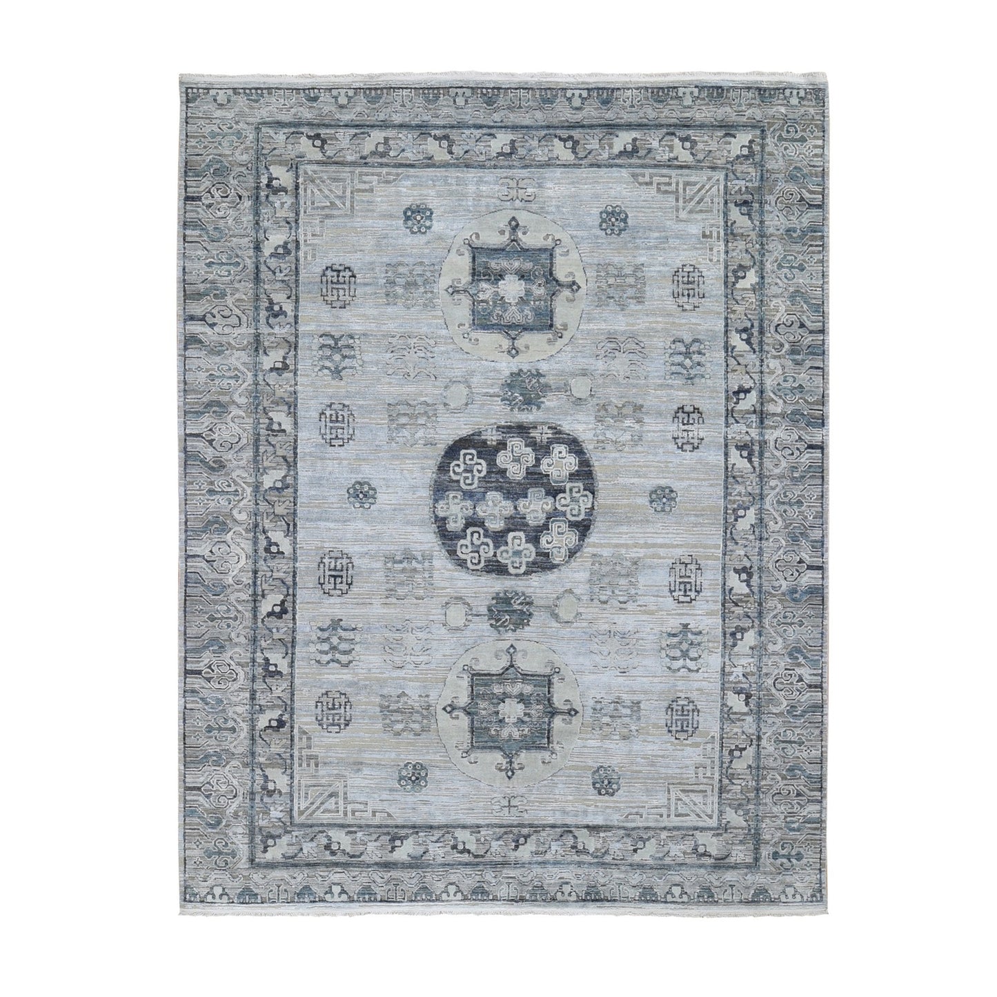 7'9"X9'10" Pure Silk With Textured Wool Khotan Design Hand Knotted Rug