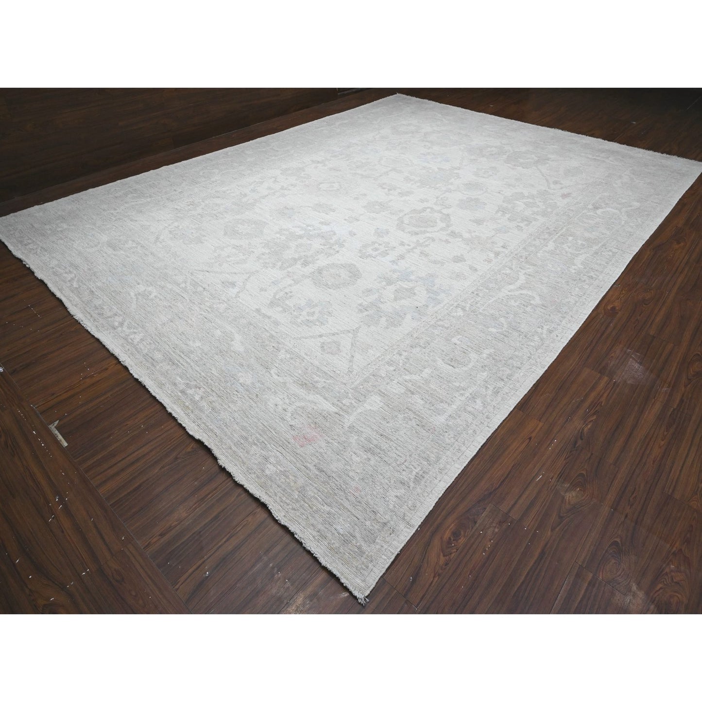 11'4"X15'5" Smoke White Wool Weft Afghan Angora Oushak Xl Oriental Rug