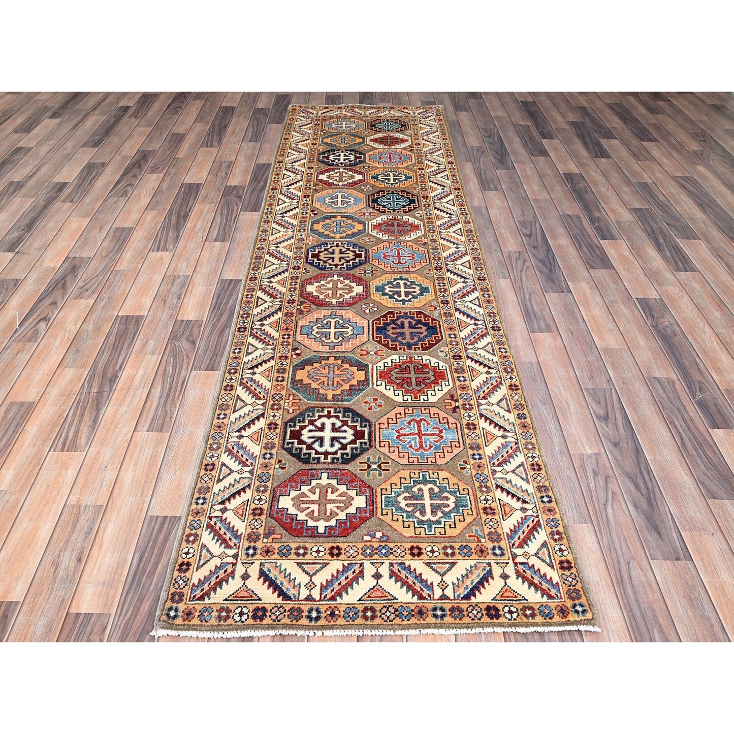 2'10"X9'9" Gray Hand Knotted Special Kazak Pure Wool Wide Runner Rug
