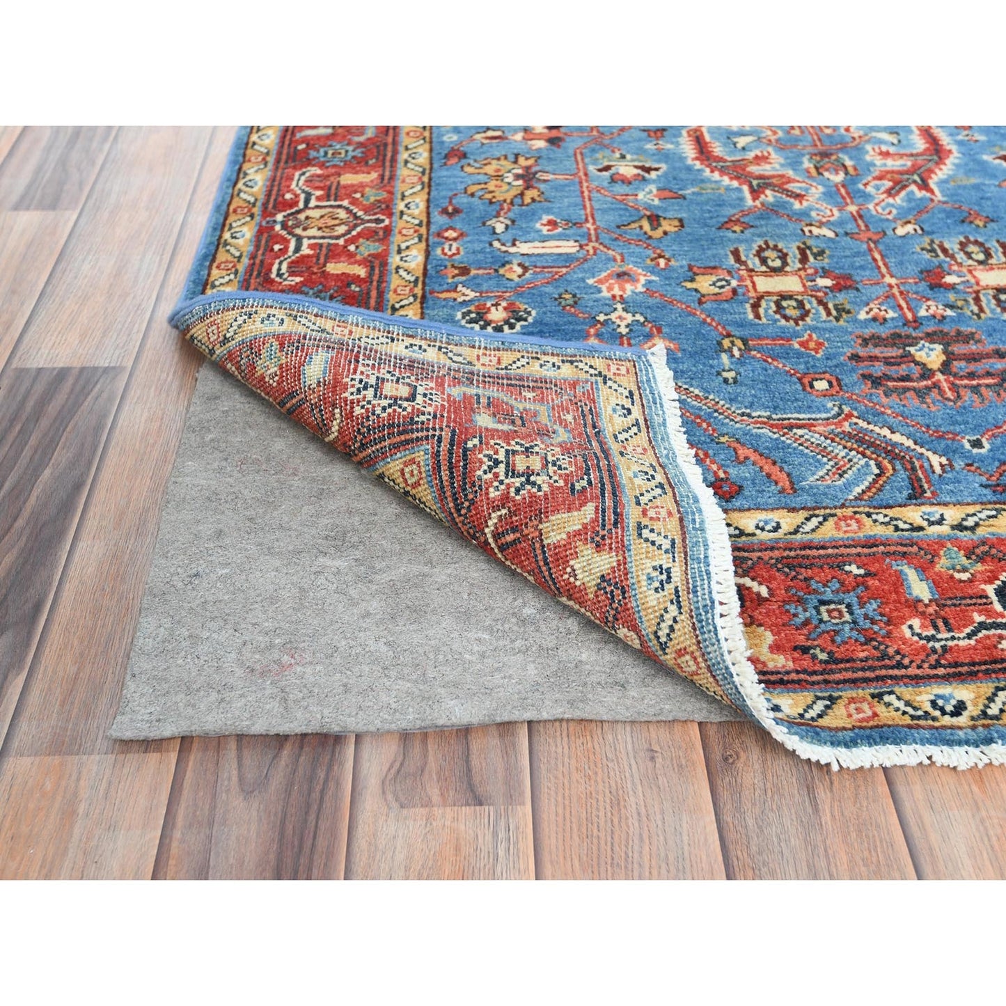 3'10"X5'10" Denim Blue Soft Wool Hand Knotted Seeripe Heris Design Rug