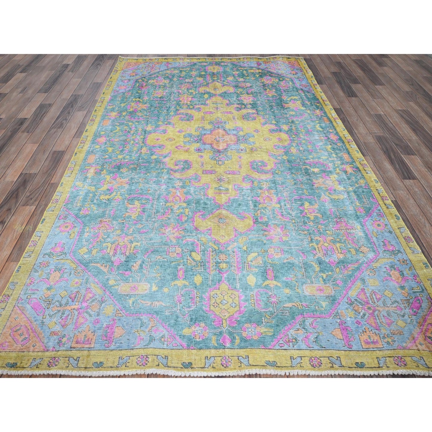 5'10"X9' Green Painted Vintage Zoroastrian Tebraz Hand Knotted Wool Rug