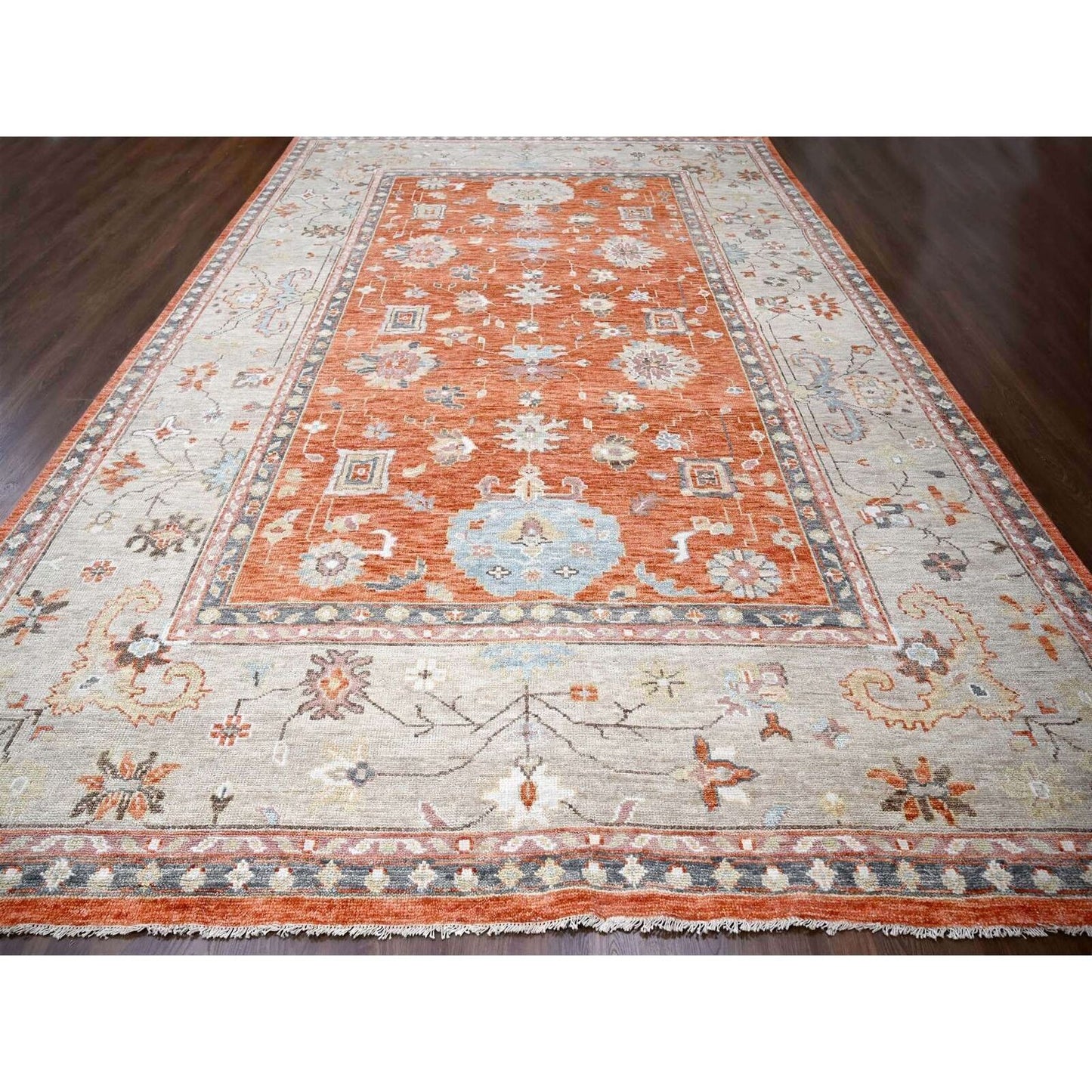 12'X17'8" Orange Wool Hand Knotted Oushak Design Oversize Oriental Rug