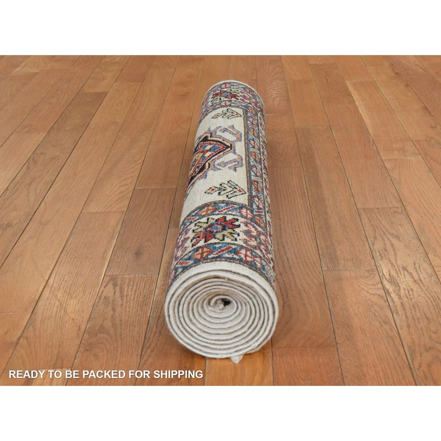 2'9"X8'3" Ivory Super Kazak Geometric Design Hand Knotted Wool Runner Rug