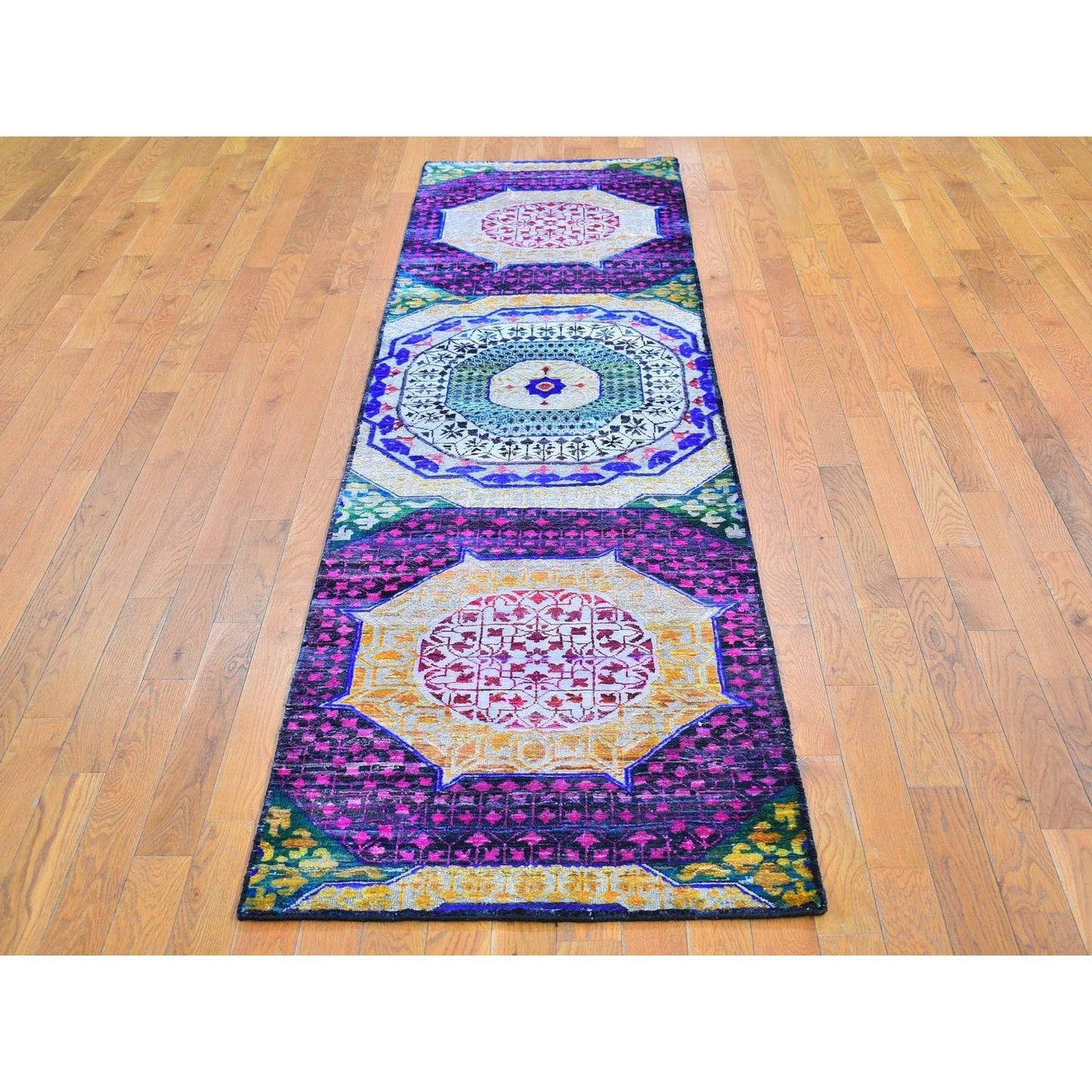 2'6"X10'4" Sari Silk With Textured Wool Mamluk Design Handmade Runner Rug
