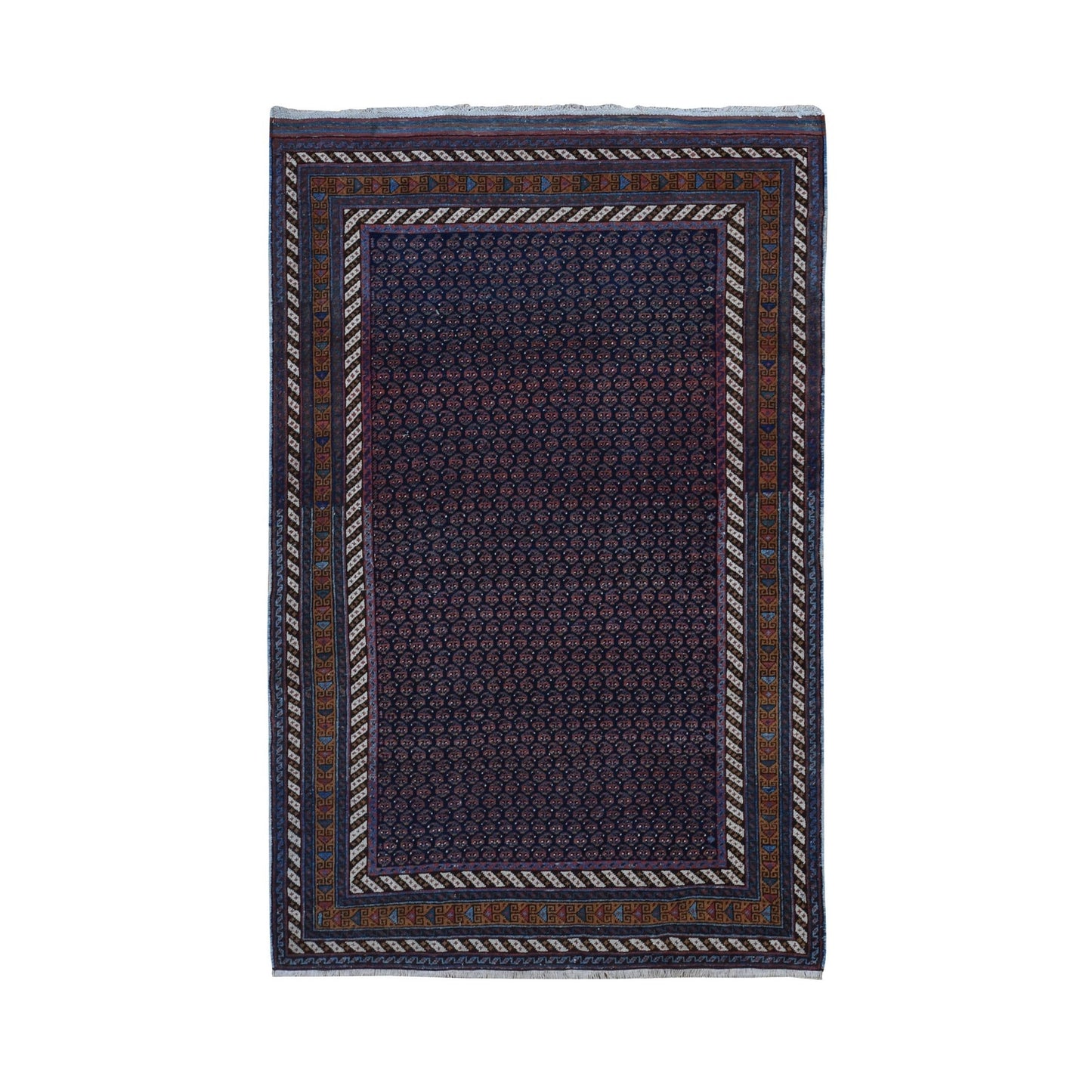 4'4"X6'10" Blue Antique Zoroastrian Hand Knotted Pure Wool Soft Clean Rug