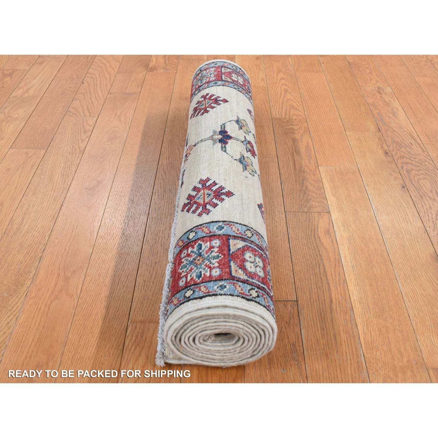 2'9"X8'7" Bone White Afghan Super Kazak Hand Knotted Pure Wool Runner Rug