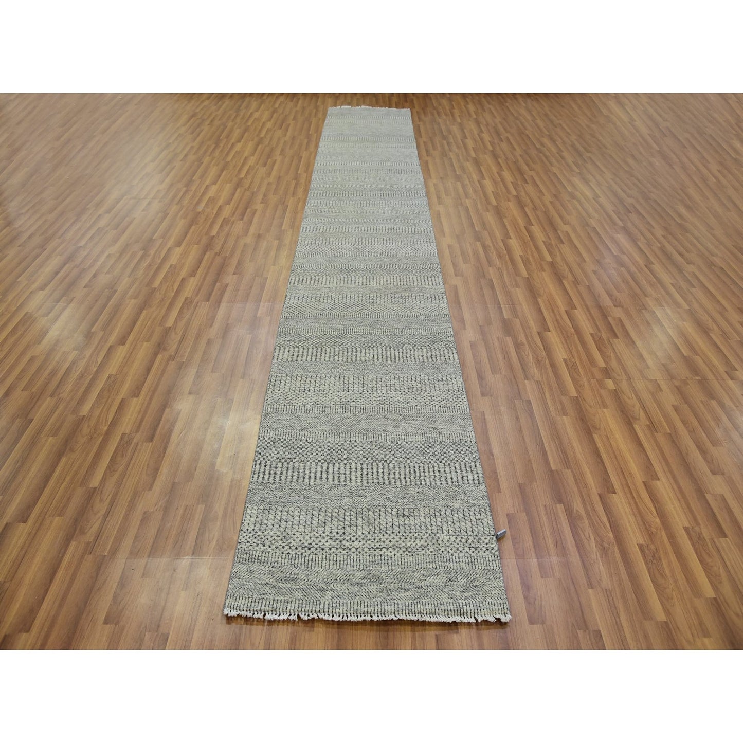 2'6"X16' Pastel Gray Hand Knotted Grass Design Wool Undyed Xl Runner Rug