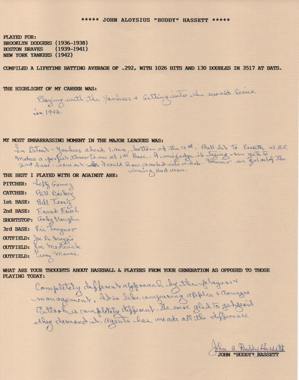 John "Buddy" Hassett Autographed Hand Filled Out Survey Page (Jsa)