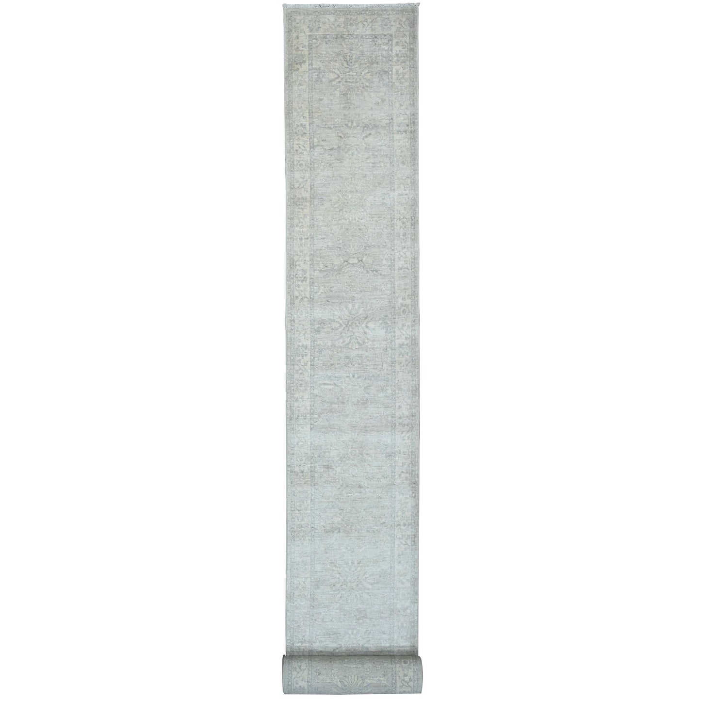 2'4"X29'3" White Heris All Over Design Pure Wool Hand Knotted Runner Rug