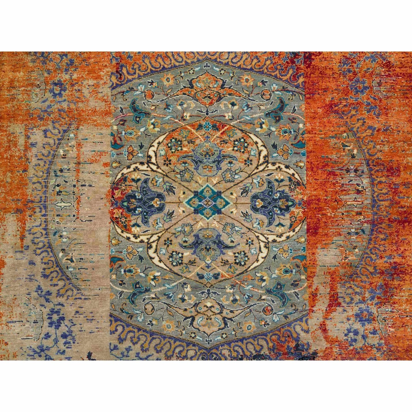 9'X12'1" Rust Red Wool Hand Knotted Ancient Ottoman Erased Design Rug