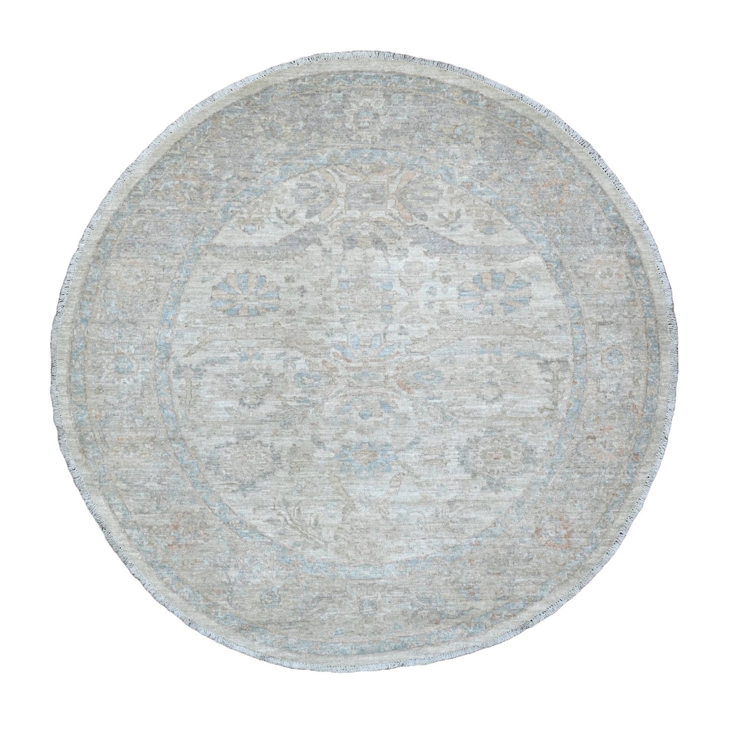 5'9"X5'9" Ivory Heris All Over Design Pure Wool Hand Knotted Round Rug