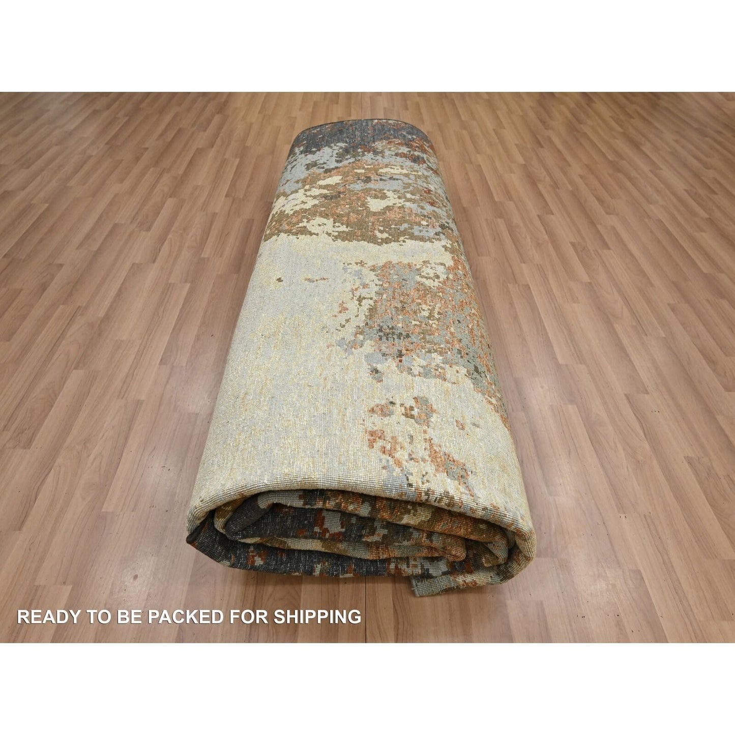 10'X13'10" Gray With Beige Abstract Design Pure Wool Hand Knotted Rug