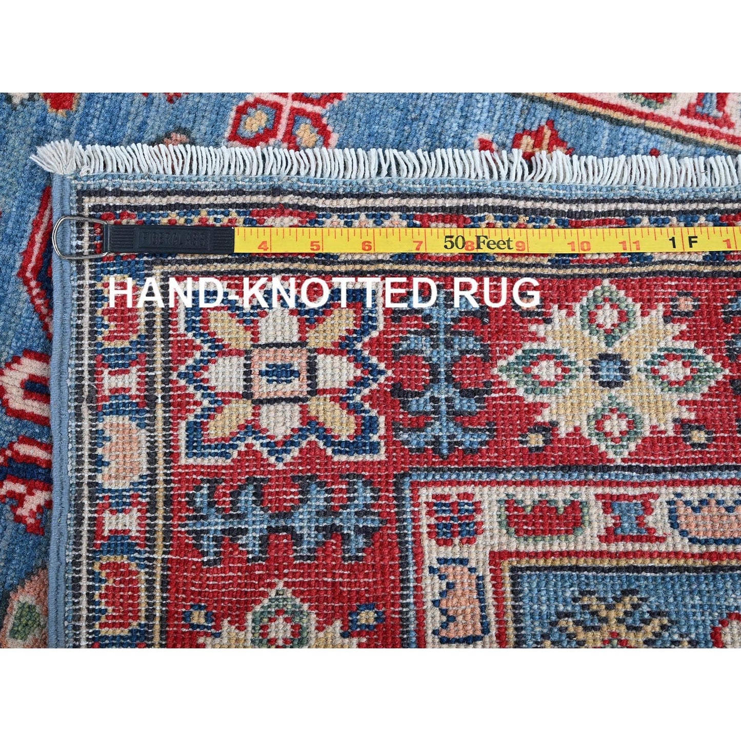 2'9"X9'6" Blue Kazak With Tribal Design Hand Knotted Soft Wool Runner Rug