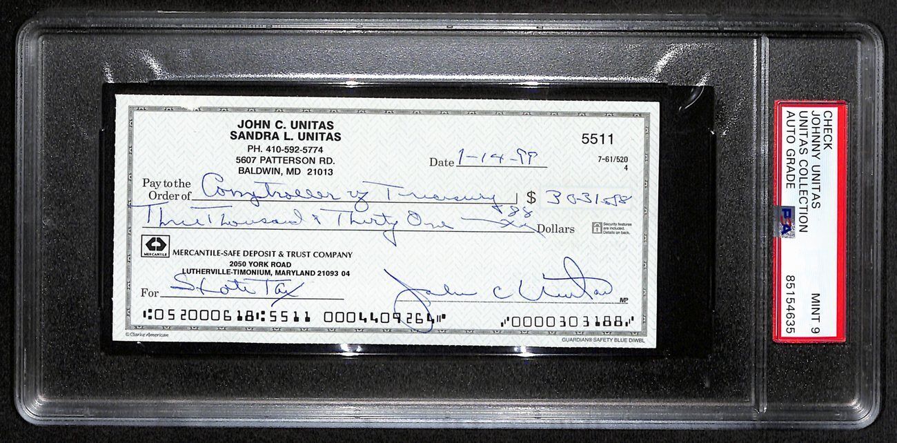 Johnny Unitas Signed 1/14/99 Check Psa/Dna Mint 9