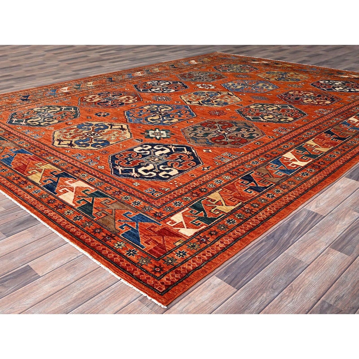 8'10"X11'10" Sun Orange Super Kazak Geometric Wool Hand Knotted Rug