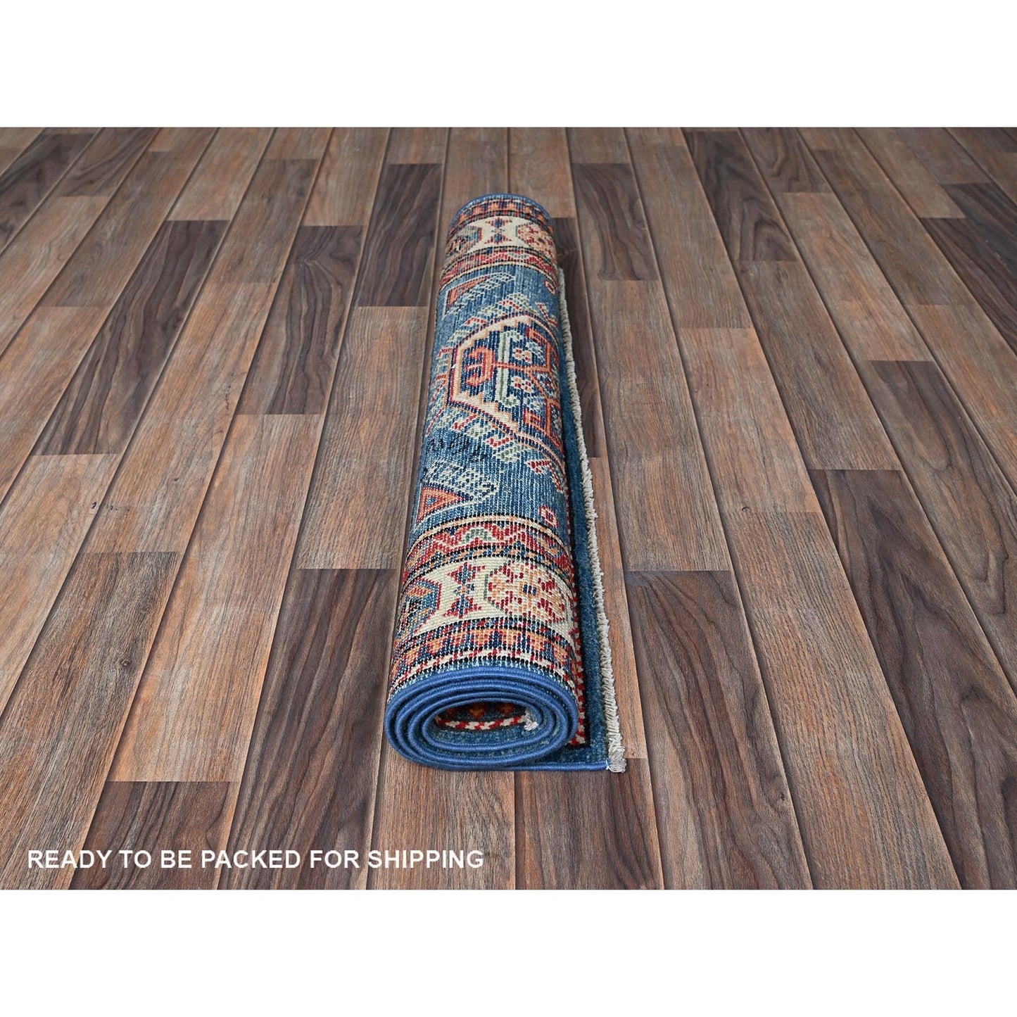 2'8"X4' Blue Kazak With Tribal Design Hand Knotted Soft Wool Sample Rug