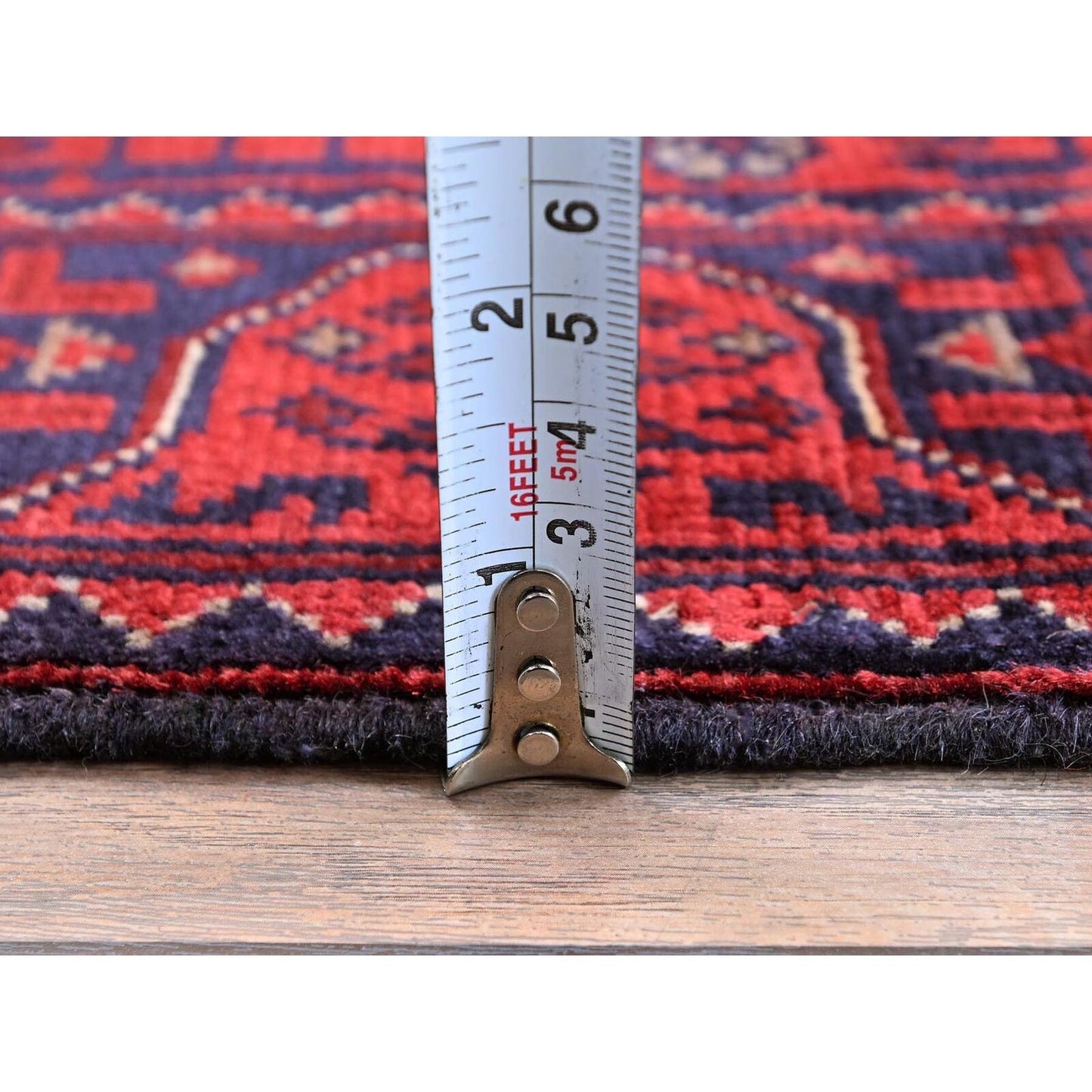 1'9"X4'9" Red Afghan Khamyab Geometric Design Hand Knotted Wool Runner Rug