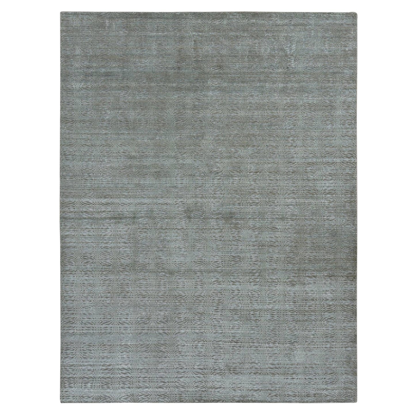 9'X12' Green Tone On Tone Leaf Design Silk With Wool Hand Knotted Rug