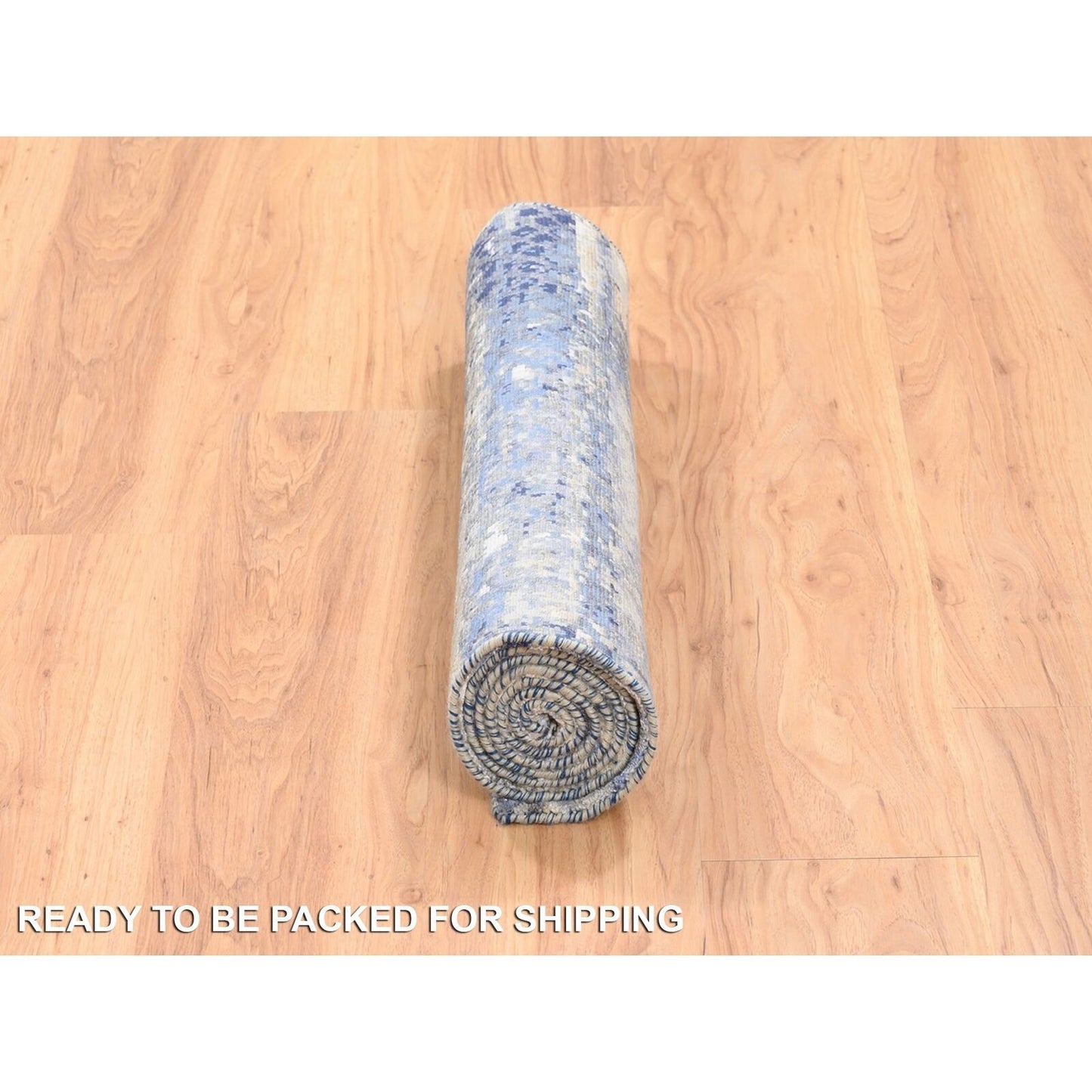 2'5"X6'1" Blue Abstract Mosaic Design Wool-Silk Hand Knotted Runner Rug