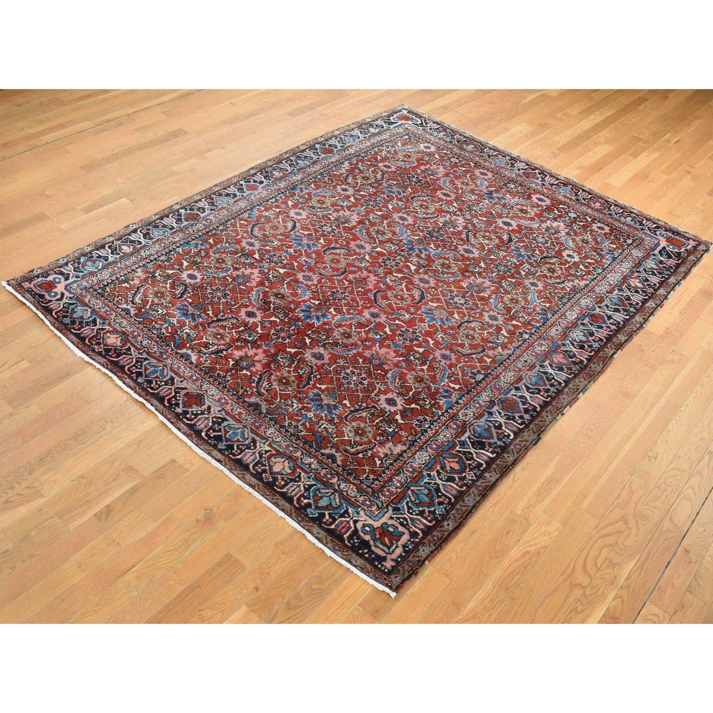 7'3"X9'7" Red Antique Zoroastrian Heris Hand Knotted Pure Wool Clean Rug