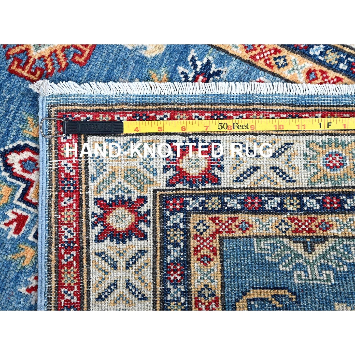 2'6"X6'2" Blue Kazak With Geometric Design Hand Knotted All Wool Runner Rug