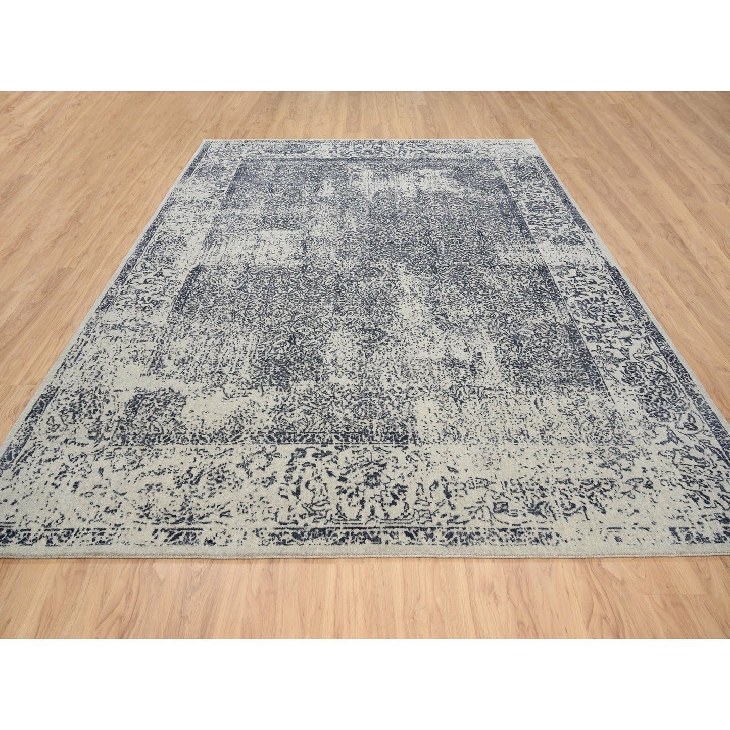 9'1"X12' Hand Loomed Light Gray Fine Jacquard Wool And Art Silk Rug