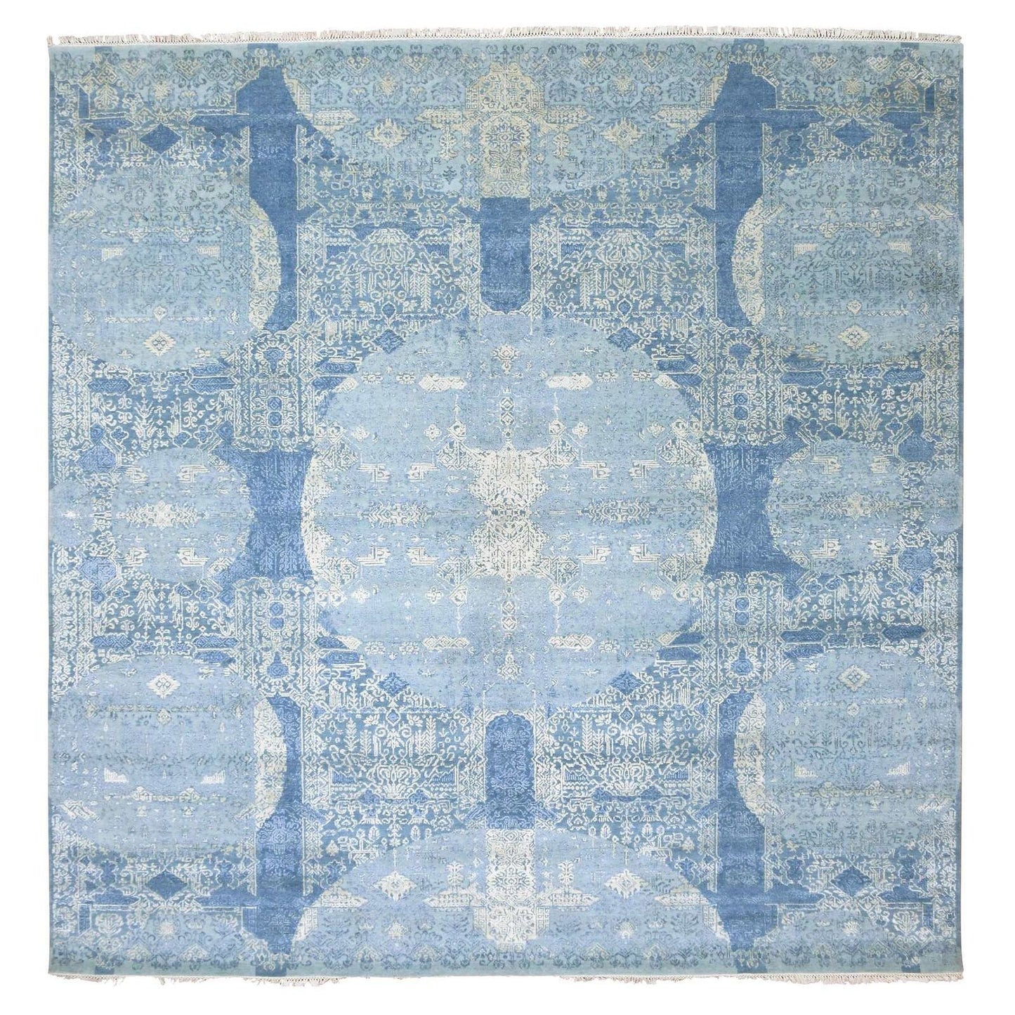 10'2"X10'2" Blue, Hand Knotted Jewellery Design, Wool And Silk Square Rug