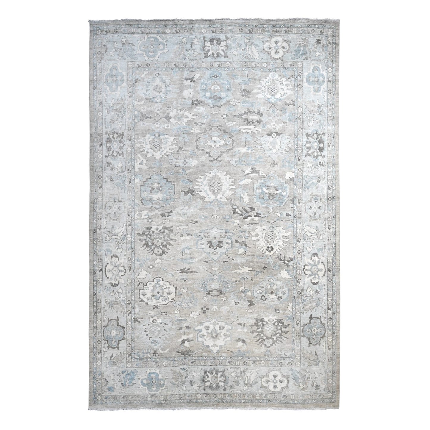 14'2"X18'10" Gray Hand Knotted Angora Oushak Afghan Wool Oversized Rug