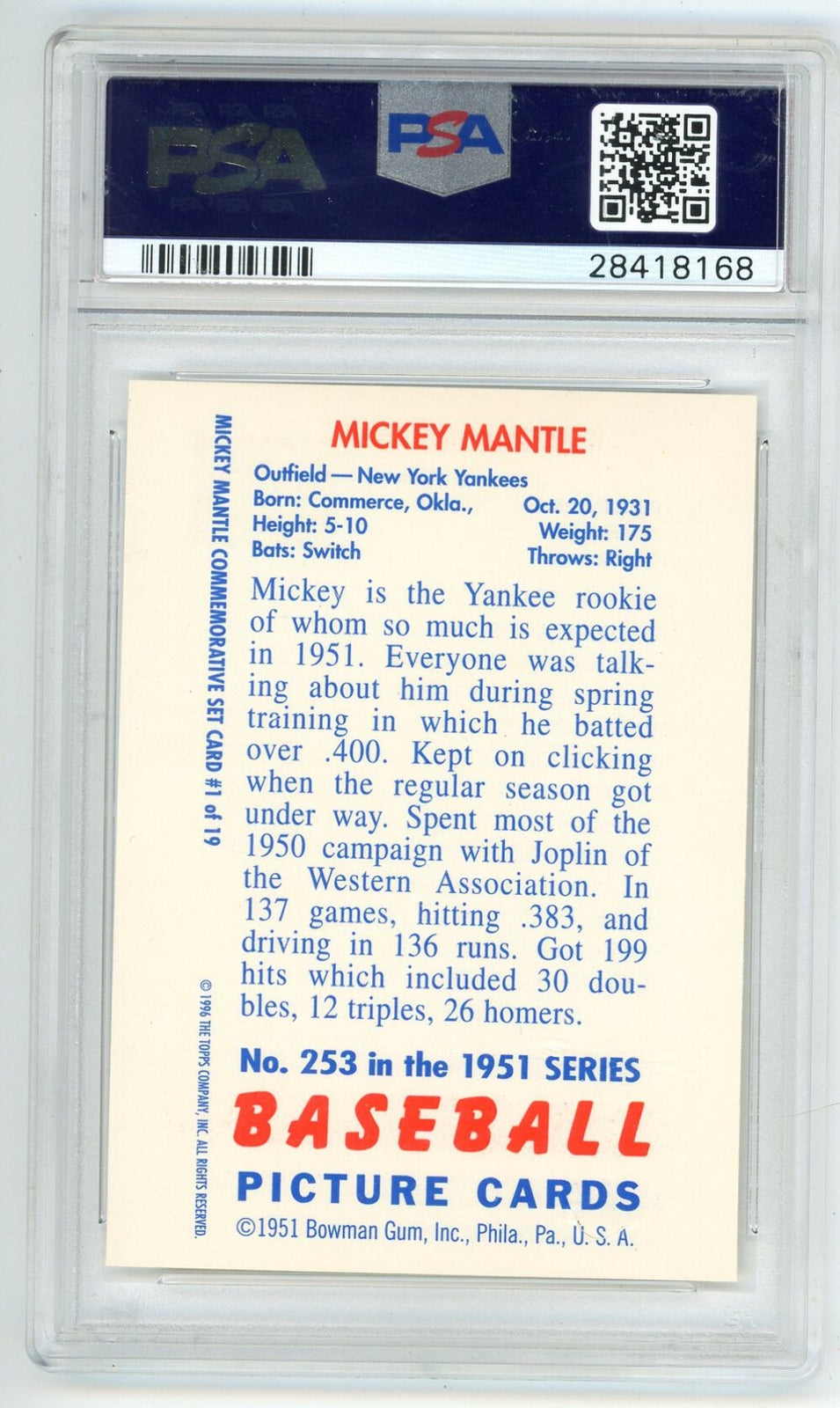 Mickey Mantle 1996 Topps 1951 Reprint #1 Psa 10