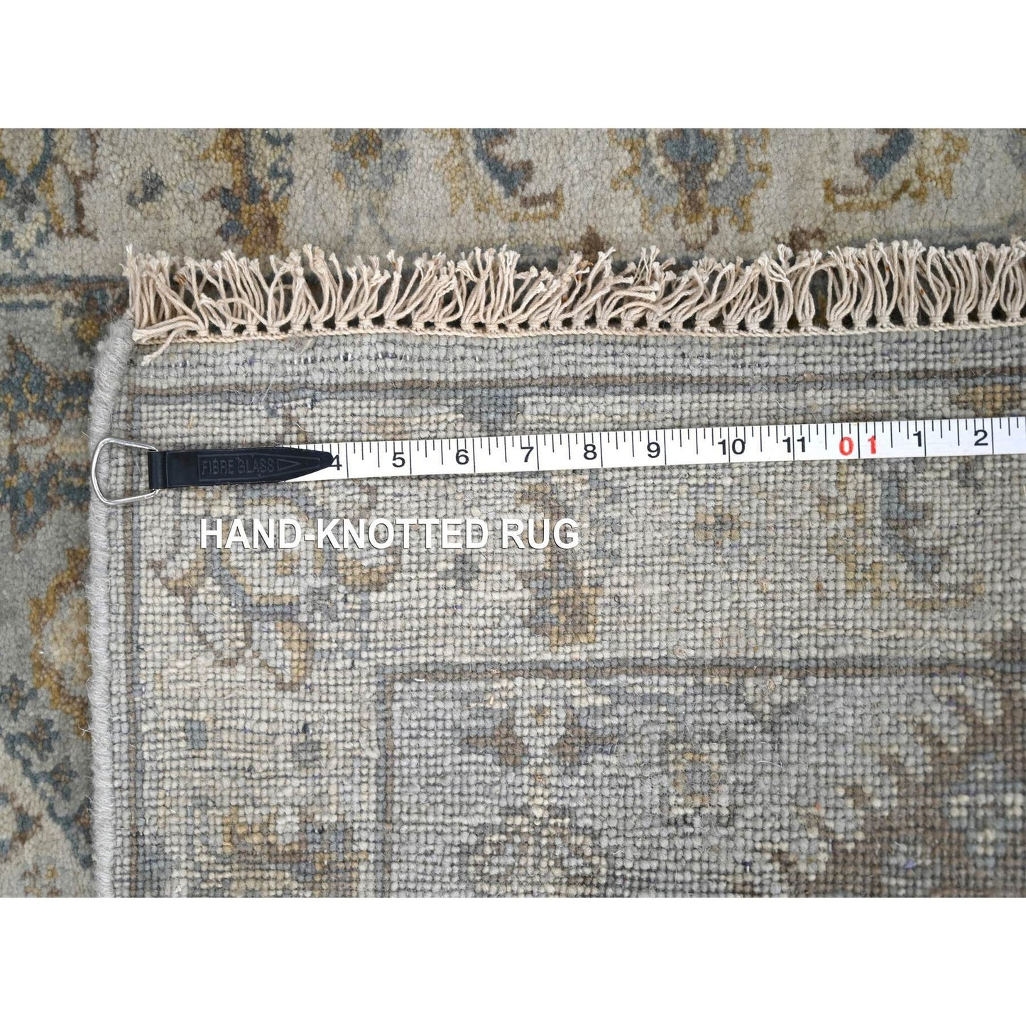 2'7"X6' Flannel Gray Karajeh Geometric Design Hand Knotted Shiny Wool Rug