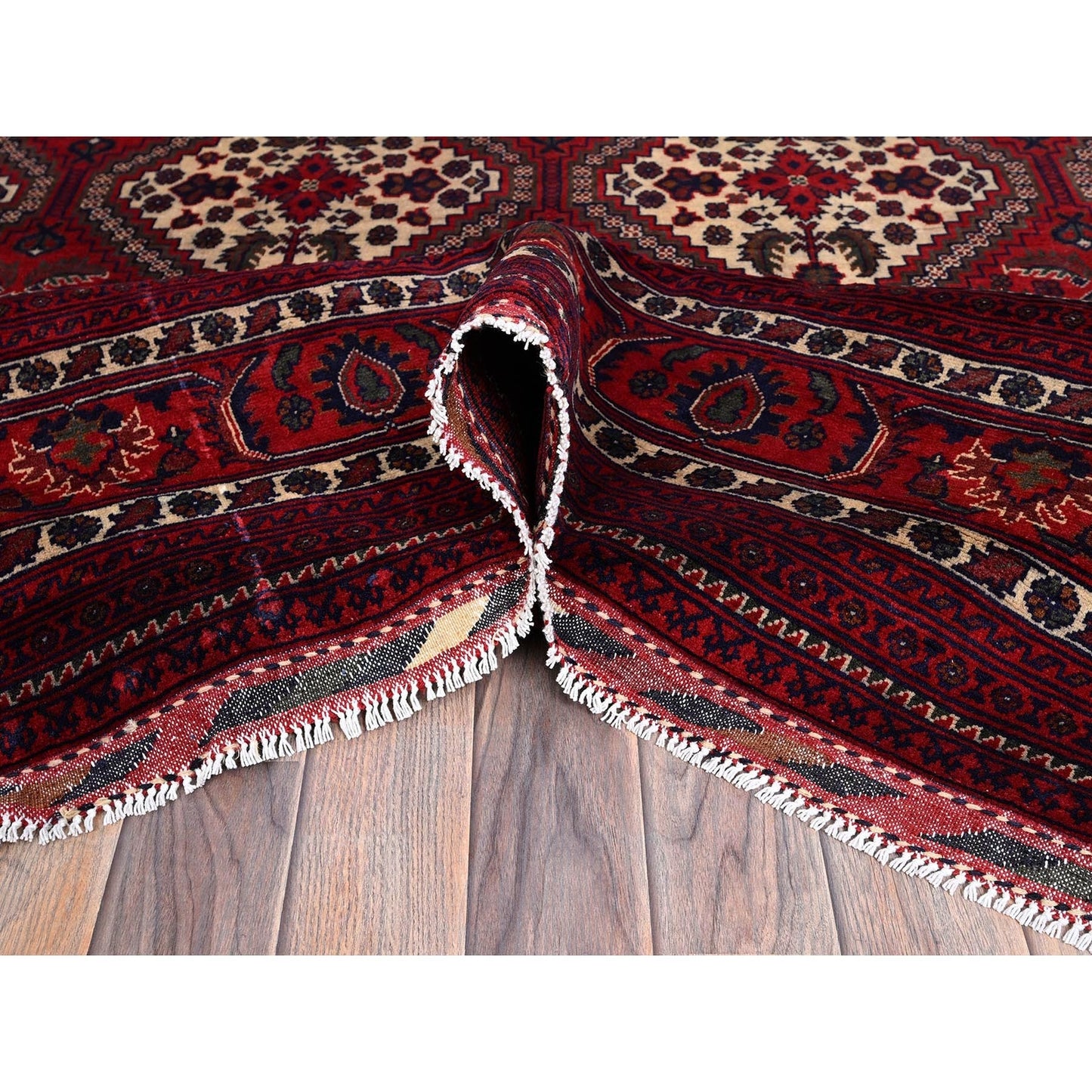 9'10"X13' Red Afghan Khamyab With Geometric Design Hand Knotted Wool Rug