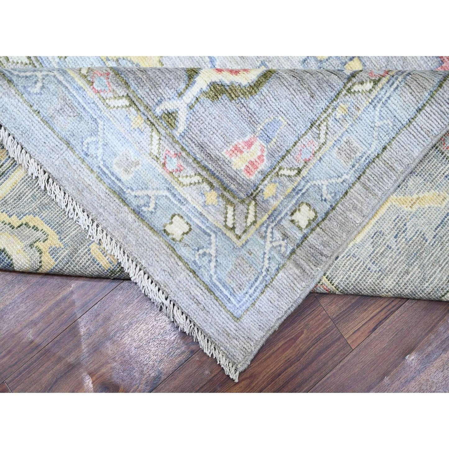 12'2"X15'5" Gray Angora Oushak Colorful Motifs Soft Wool Oriental Rug