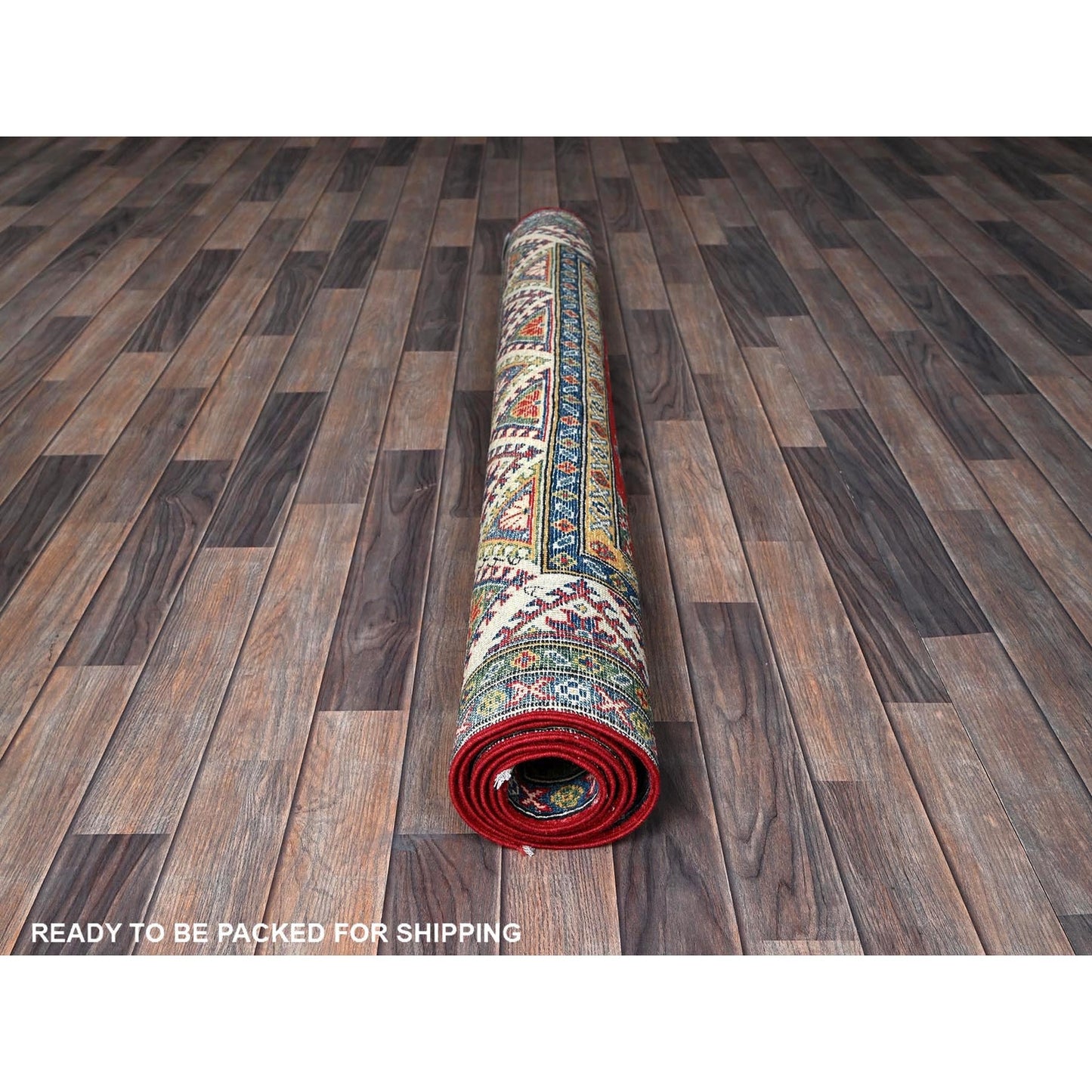 4'10"X6'6" Red Kazak Geometric Pattern Hand Knotted Soft Wool Oriental Rug
