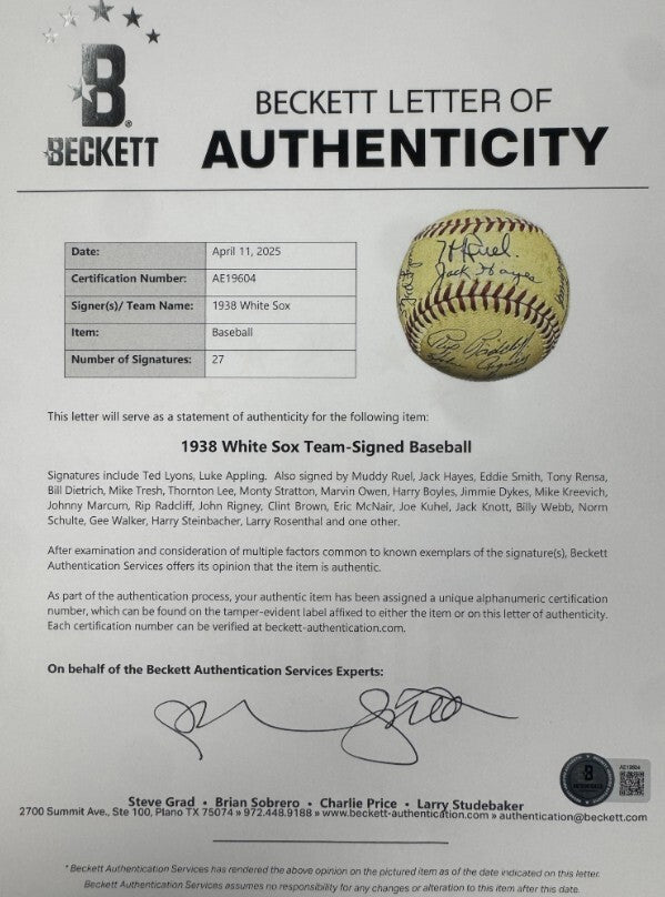 1938 Chicago White Sox Team Signed Baseball (27)